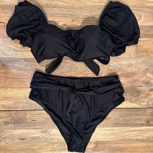 Black NWOT Puff Sleeve Bikini Top w/High Rise Full Coverage Bottoms Sz XL